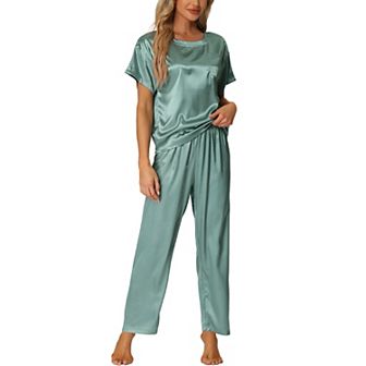 Women's Satin Pajamas Summer Outfits Short Sleeves Tops with Pants Silky Lounge Sets