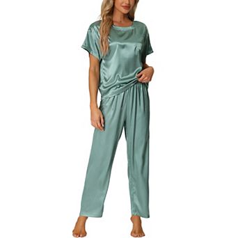 Women's Satin Pajamas Summer Outfits Short Sleeves Tops With Pants Silky Lounge Sets