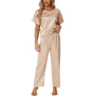 Women's Satin Pajamas Summer Outfits Short Sleeves Tops with Pants Silky Lounge Sets