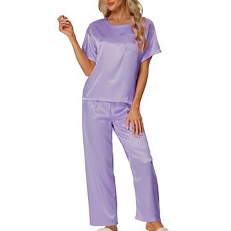 Women's Satin Pajamas Summer Outfits Short Sleeves Tops with Pants Silky Lounge Sets