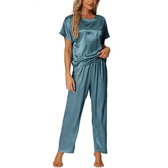 Women's Satin Pajamas Summer Outfits Short Sleeves Tops with Pants Silky Lounge Sets