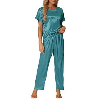 Women's Satin Pajamas Summer Outfits Short Sleeves Tops with Pants Silky Lounge Sets