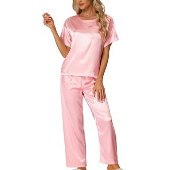 Women's Satin Pajamas Summer Outfits Short Sleeves Tops with Pants Silky Lounge Sets