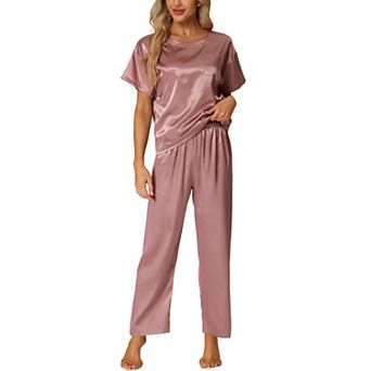 Women's Satin Pajamas Summer Outfits Short Sleeves Tops With Pants Silky Lounge Sets
