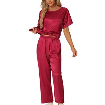 Women's Satin Pajamas Summer Outfits Short Sleeves Tops With Pants Silky Lounge Sets