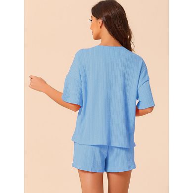 Women's Lounge Outfits Casual Round Neck Shorts Sleeves Ribbed Tops With Shorts Pajama Sets