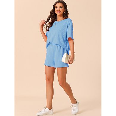 Women's Lounge Outfits Casual Round Neck Shorts Sleeves Ribbed Tops With Shorts Pajama Sets