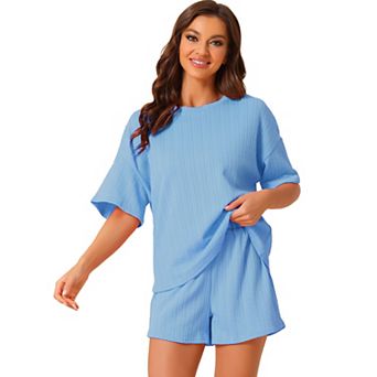 Women's Lounge Outfits Casual Round Neck Shorts Sleeves Ribbed Tops With Shorts Pajama Sets