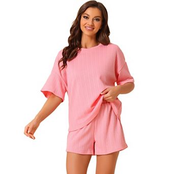 Women's Lounge Outfits Casual Round Neck Shorts Sleeves Ribbed Tops With Shorts Pajama Sets