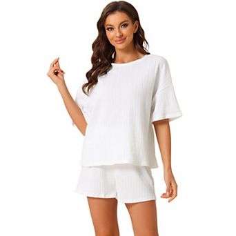 Women's Lounge Outfits Casual Round Neck Shorts Sleeves Ribbed Tops With Shorts Pajama Sets