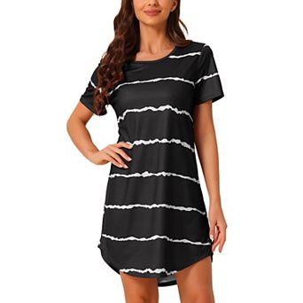 Women's Round Neck Nightshirt Striped Short Sleeve Sleepshirt Nightgown