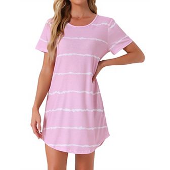 Women's Round Neck Nightshirt Striped Short Sleeve Sleepshirt Nightgown