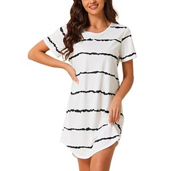Women's Round Neck Nightshirt Striped Short Sleeve Sleepshirt Nightgown