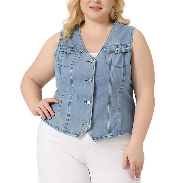 Plus Size Denim Jackets For Women V Neck Sleeveless Utility Jean Denim Vests