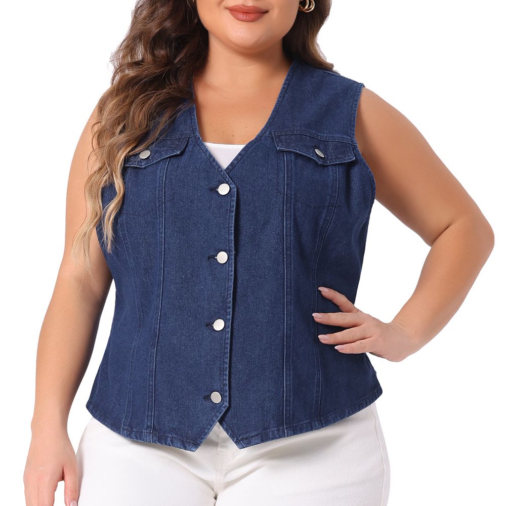 Plus Size Denim Jackets For Women V Neck Sleeveless Utility Jean