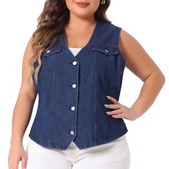 Plus Size Denim Jackets For Women V Neck Sleeveless Utility Jean Denim Vests