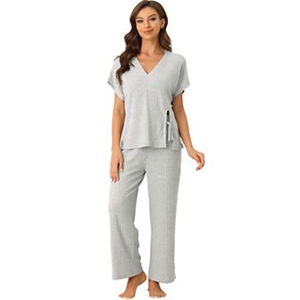 Women's Lounge Outfits Ribbed Knit Short Sleeve Tops With Pants Soft Casual Pajama Sets
