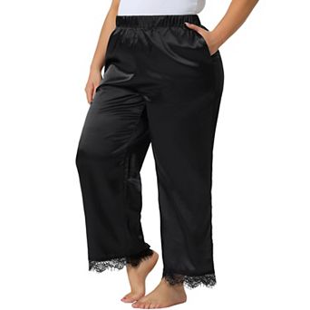 Women's Plus Size Lounge Pants Satin Lace Trim Elastic Soft Wide Leg Sleepwear Pajama Pants