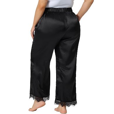 Women's Plus Size Lounge Pants Satin Lace Trim Elastic Soft Wide Leg Sleepwear Pajama Pants