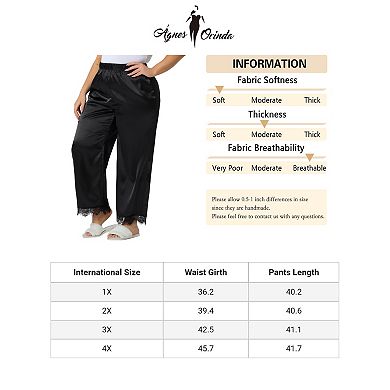 Women's Plus Size Lounge Pants Satin Lace Trim Elastic Soft Wide Leg Sleepwear Pajama Pants