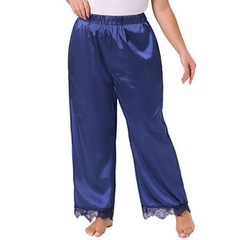 Women's Plus Size Lounge Pants Satin Lace Trim Elastic Soft Wide Leg Sleepwear Pajama Pants
