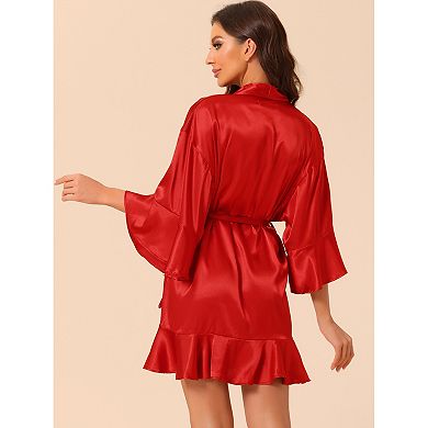 Women's Satin Pajama Silky 3/4 Sleeves Tie Waist Loungewear Robes