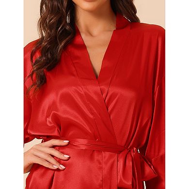 Women's Satin Pajama Silky 3/4 Sleeves Tie Waist Loungewear Robes