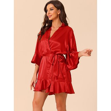 Women's Satin Pajama Silky 3/4 Sleeves Tie Waist Loungewear Robes