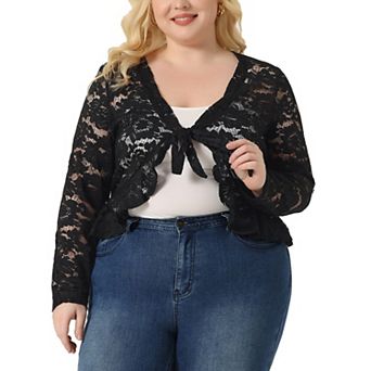 Plus Size Cardigan For Women Bolero Shrug 3/4 Sleeve Tie Front Sheer Lace Crop Cardigans