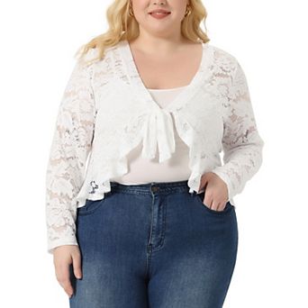 Plus Size Cardigan For Women Bolero Shrug 3/4 Sleeve Tie Front Sheer Lace Crop Cardigans