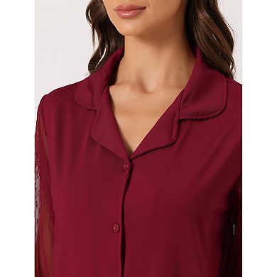 Women's Button Down Shirt Sheer Mesh Sleeve Long Pants Pajama Set Sleepwear