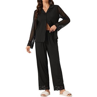 Women's Button Down Shirt Sheer Mesh Sleeve Long Pants Pajama Set Sleepwear