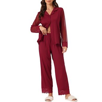 Women's Button Down Shirt Sheer Mesh Sleeve Long Pants Pajama Set Sleepwear