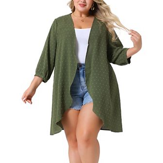 Plus Size Cardigan For Women Open Front 3/4 Sleeve Swiss Dots Casual Cover Up