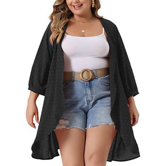 Plus Size Cardigan For Women Open Front 3/4 Sleeve Swiss Dots Casual Cover Up