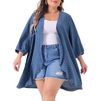 Plus Size Cardigan For Women Open Front 3/4 Sleeve Swiss Dots Casual Cover Up