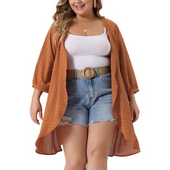Plus Size Cardigan For Women Open Front 3/4 Sleeve Swiss Dots Casual Cover Up