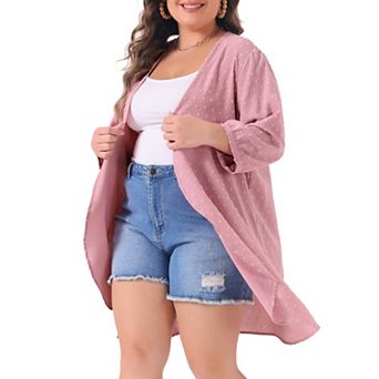 Plus Size Cardigan For Women Open Front 3/4 Sleeve Swiss Dots Casual Cover Up