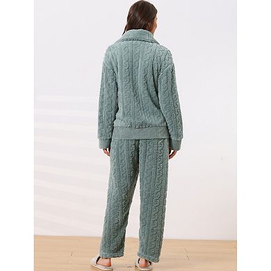 Women's Fluffy Fleece Pajama Set Soft Warm Pockets Button Down Long Sleeve Sleepwear