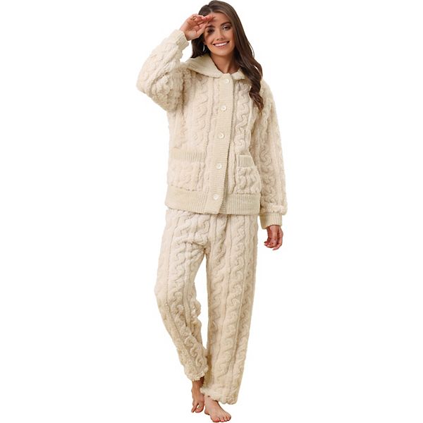 Women s Fluffy Fleece Pajama Set Soft Warm Pockets Button Down Long Sleeve Sleepwear