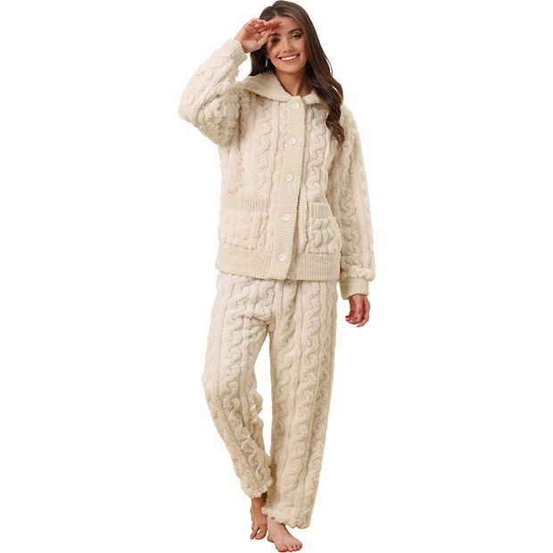Women's Fluffy Fleece Pajama Set Soft Warm Pockets Button Women's Fluffy Fleece Pajama Set Soft Warm Pockets Button