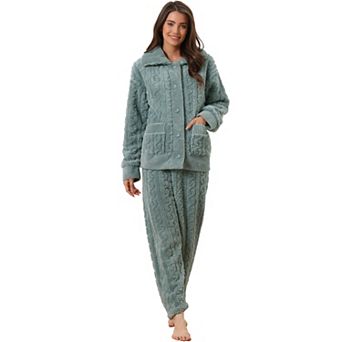 Women's Fluffy Fleece Pajama Set Soft Warm Pockets Button Down Long Sleeve Sleepwear