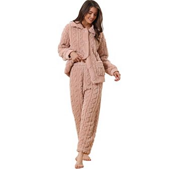 Women's Fluffy Fleece Pajama Set Soft Warm Pockets Button Down Long Sleeve Sleepwear