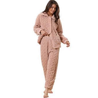 Women's Fluffy Fleece Pajama Set Soft Warm Pockets Button Down Long Sleeve Sleepwear