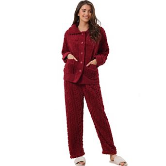 Women's Fluffy Fleece Pajama Set Soft Warm Pockets Button Down Long Sleeve Sleepwear
