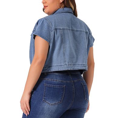 Plus Size Denim Vest For Women Y2k Button Down Tops Cap Short Sleeve Jean Jacket Streetwear