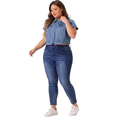 Plus Size Denim Vest For Women Y2k Button Down Tops Cap Short Sleeve Jean Jacket Streetwear