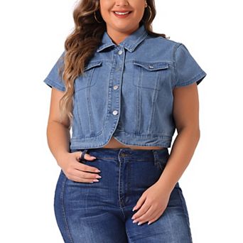 Plus Size Denim Vest for Women Y2K Button Down Tops Cap Short Sleeve Jean Jacket Streetwear