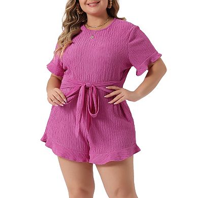 Plus Size Rompers For Women 2023 Summer Short Sleeve Cute Ruffle Front Tie Beach Short Jumpsuits