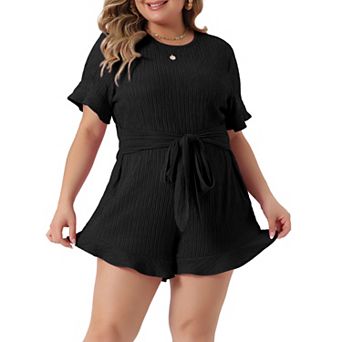Plus Size Rompers For Women 2023 Summer Short Sleeve Cute Ruffle Front Tie Beach Short Jumpsuits